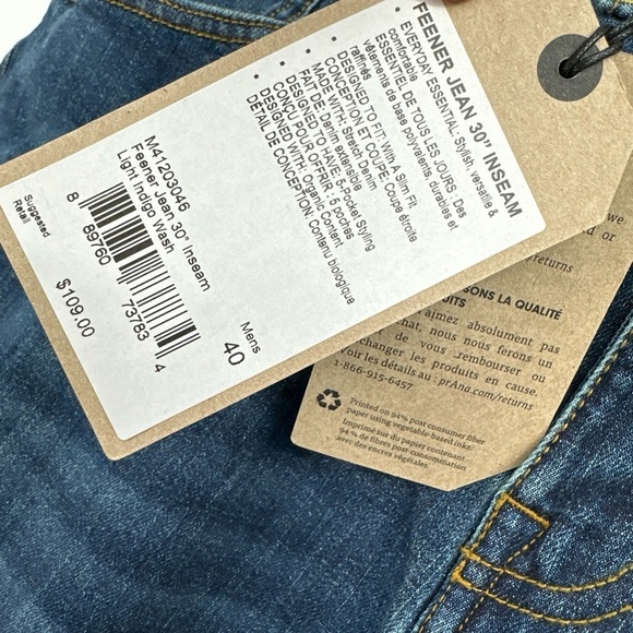 Prana Men’s Feener Jeans Size 40 X 30” Light Indigo Wash $109 - Picture 2 of 4